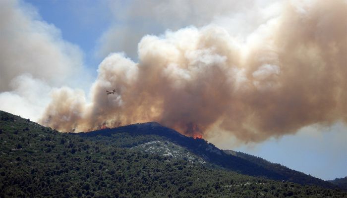 Smoke from a wildfire rages against a forest-covered mountain.